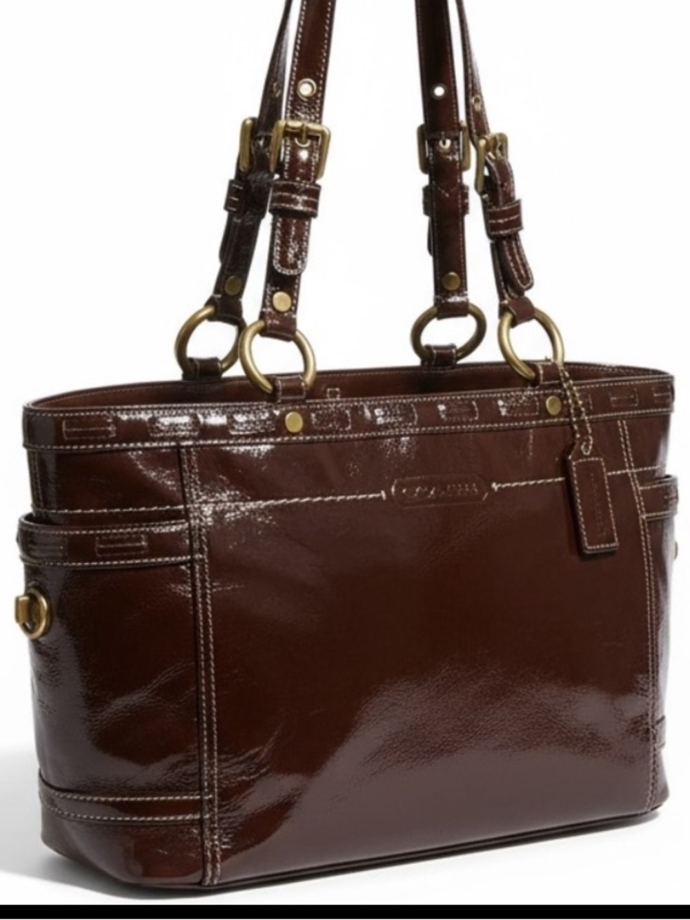 Coach Tribeca East West Patent Leather Tote Brown Turnlock F0773-11500